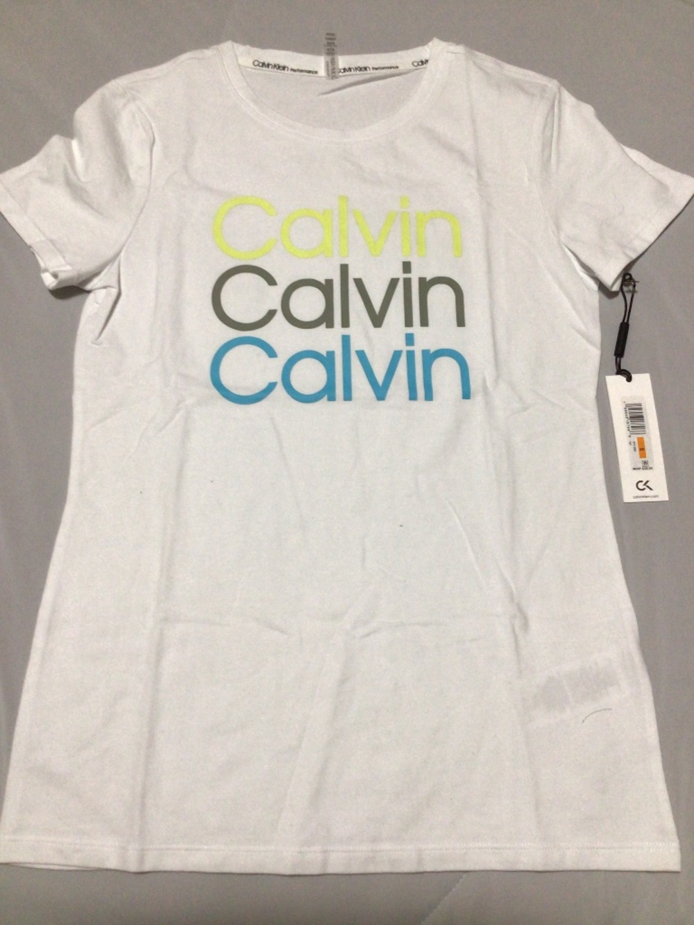 Calvin Klein Triple Stack Logo Graphic Tee-White/Multi-Color Size Small, New wit